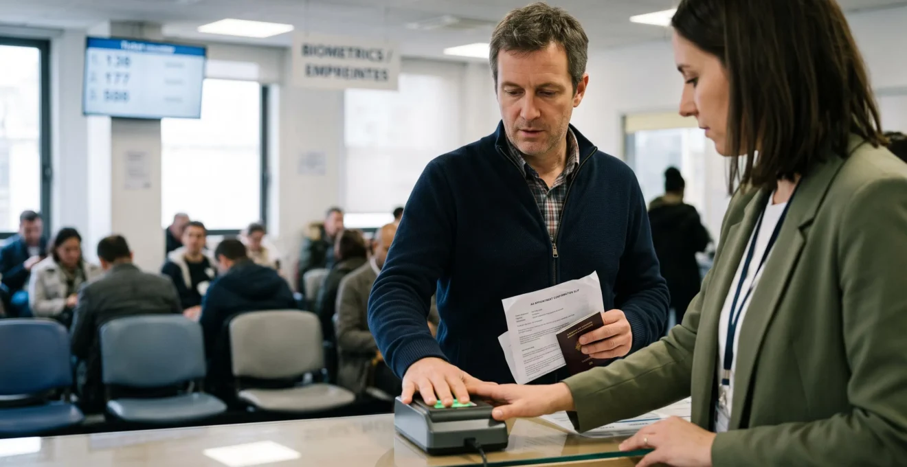 Un demandeur pose ses doigts sur un lecteur biométrique au comptoir d'un centre de réception des demandes de visa, accompagné par un agent.