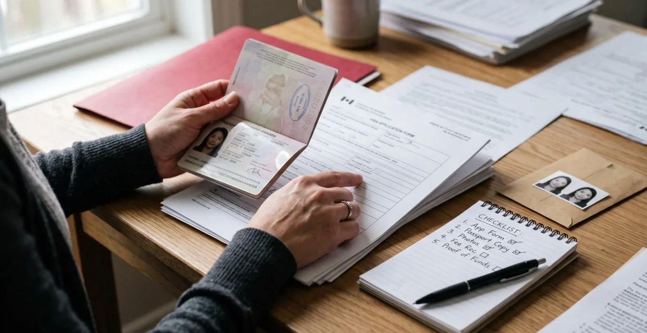 Gros plan sur des mains comparant un passeport avec un document imprimé, à côté d'une liste de vérification manuscrite sur un bureau.